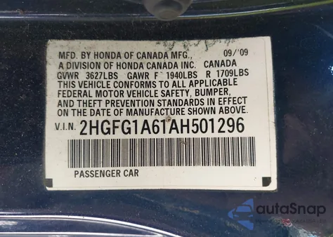 2010 Honda Civic Lx из США, поврежденный, VIN 2HGFG1A61AH501296